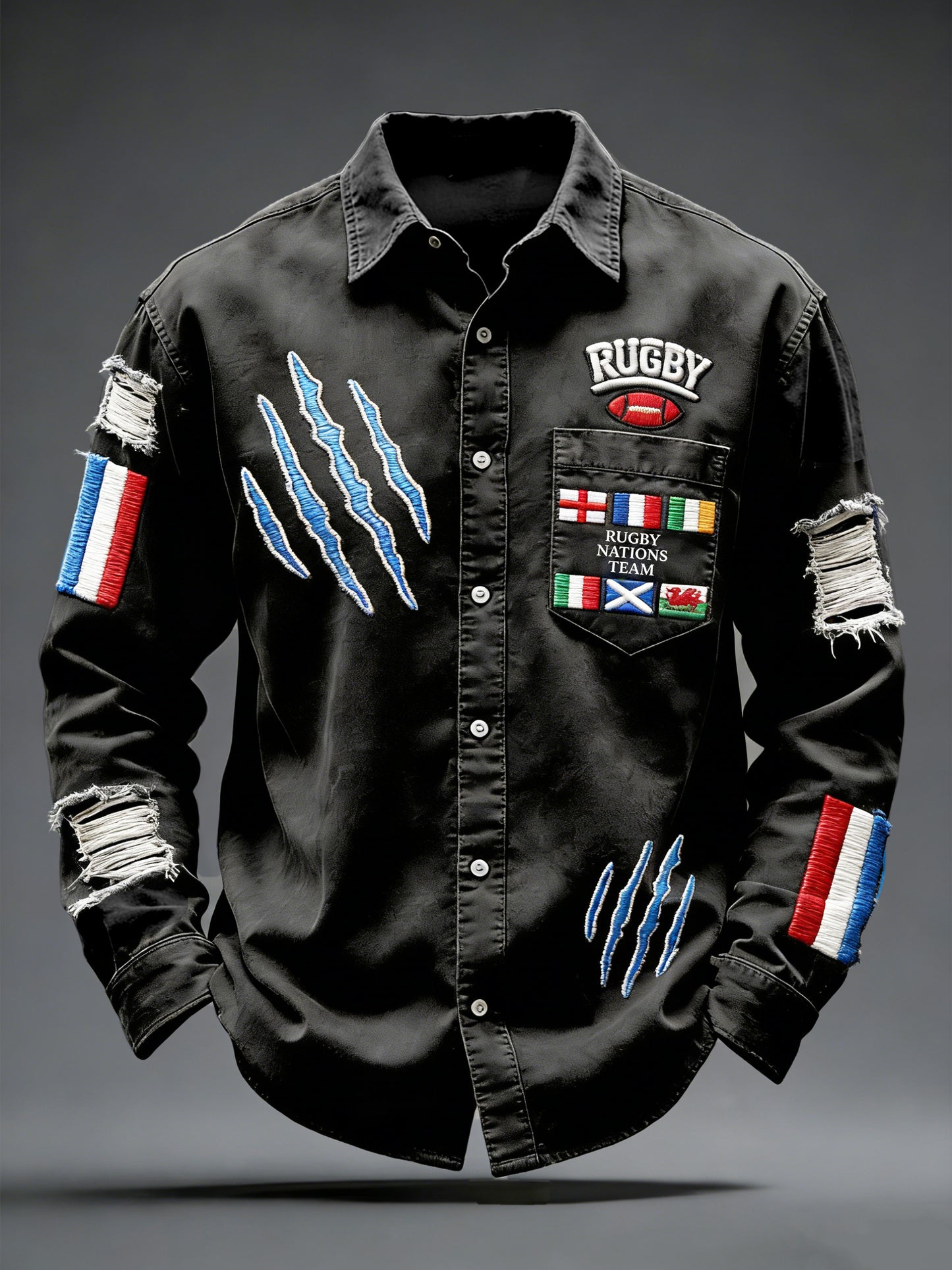 Chemise à manches longues décontractée noire French Rugby Six Nations pour homme