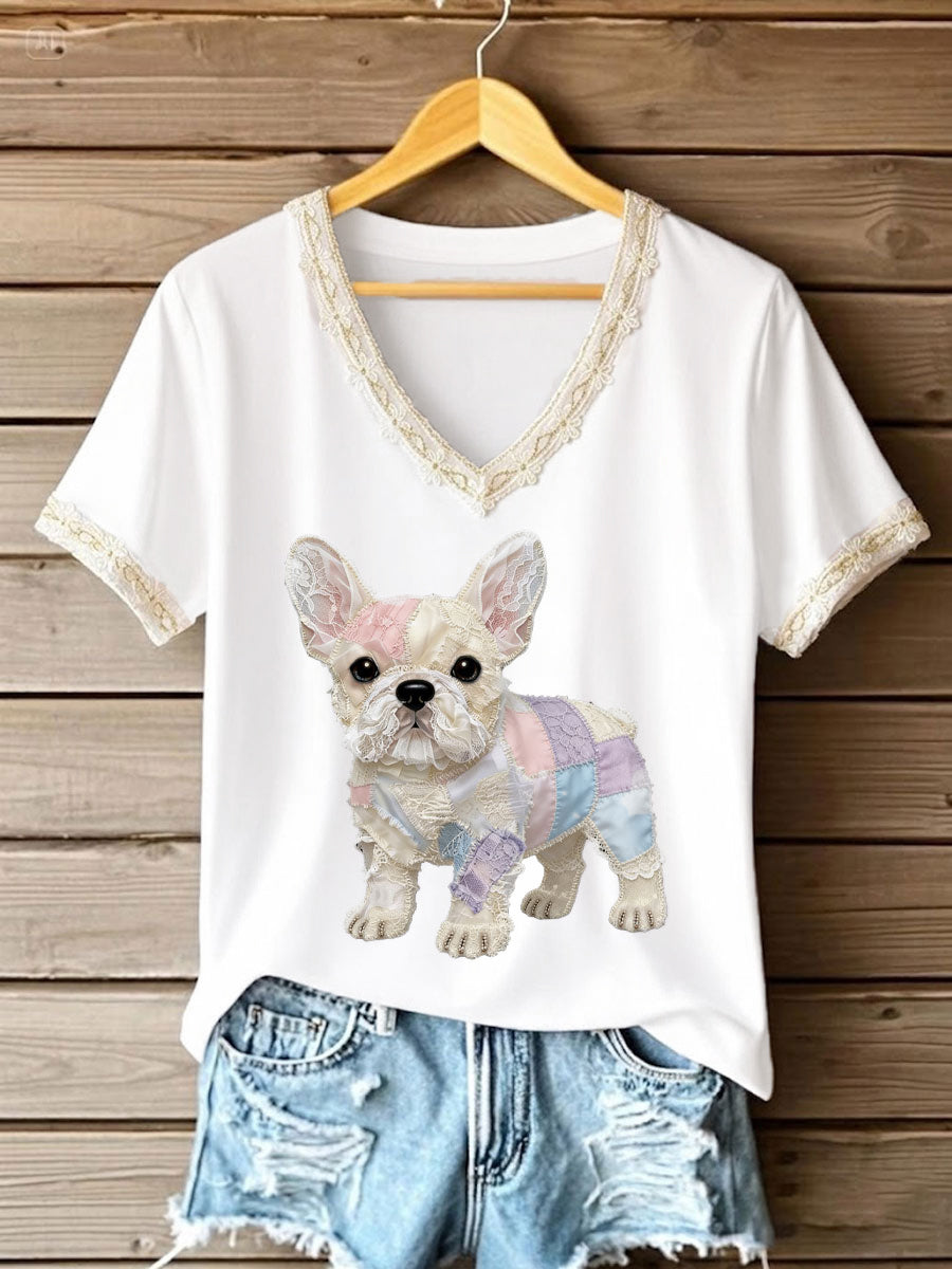 T-shirt femme art chien en dentelle patchwork imprimé à col en V
