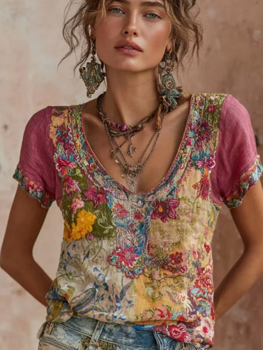 T-shirt bohème pour femmes en mélange de lin, à col en V, avec broderie florale et contraste de couleurs
