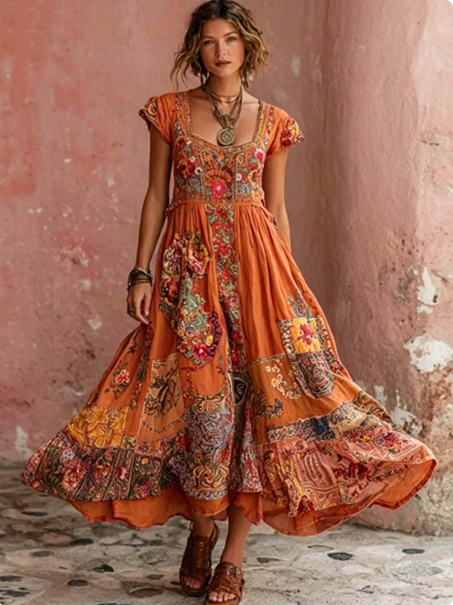 Bohème Floral Broderie Art col rond manches courtes Midi robe femmes