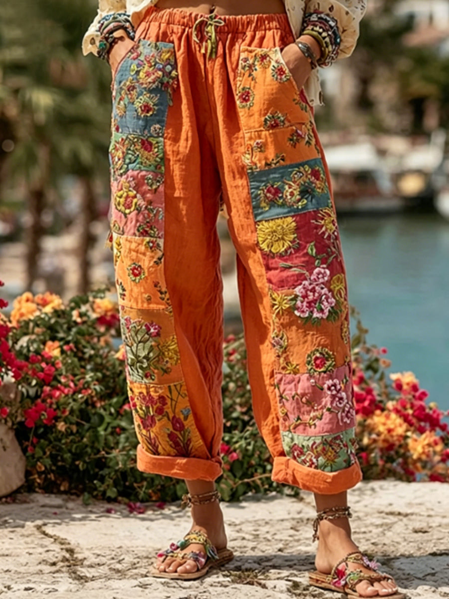 Les femmes Bohème Floral Broderie Art Contraste Couleur Lin Mélange Pantalon Décontracté