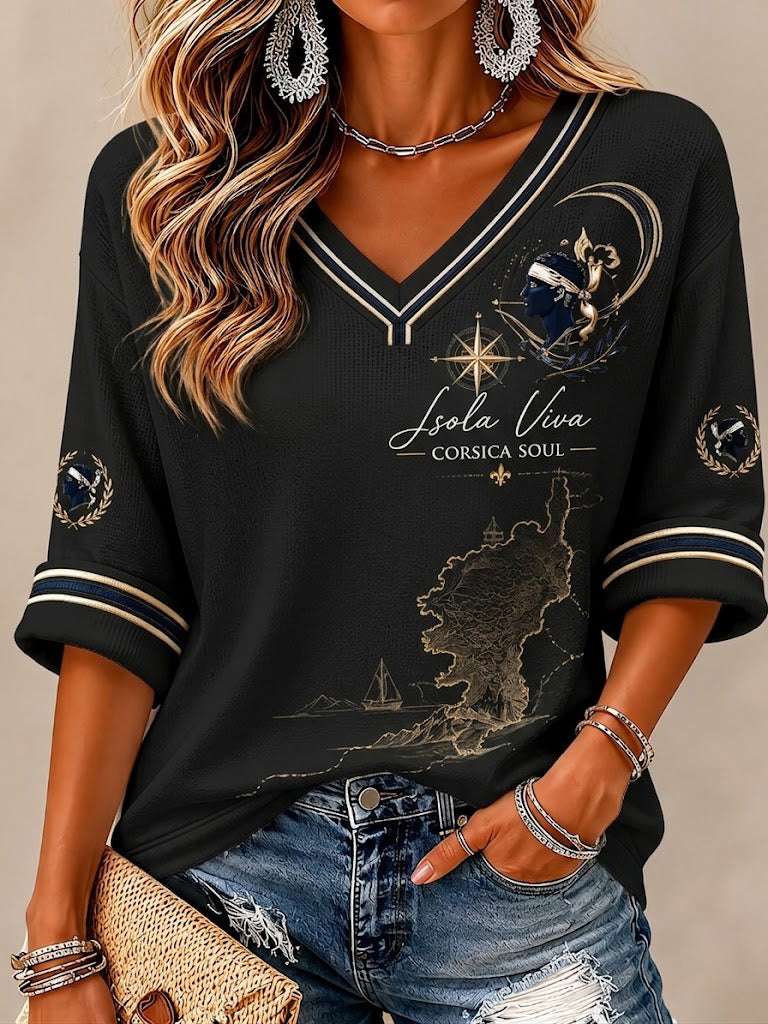 T-shirt femme à manches mi-longues et col en V, imprimé du drapeau de la Corse