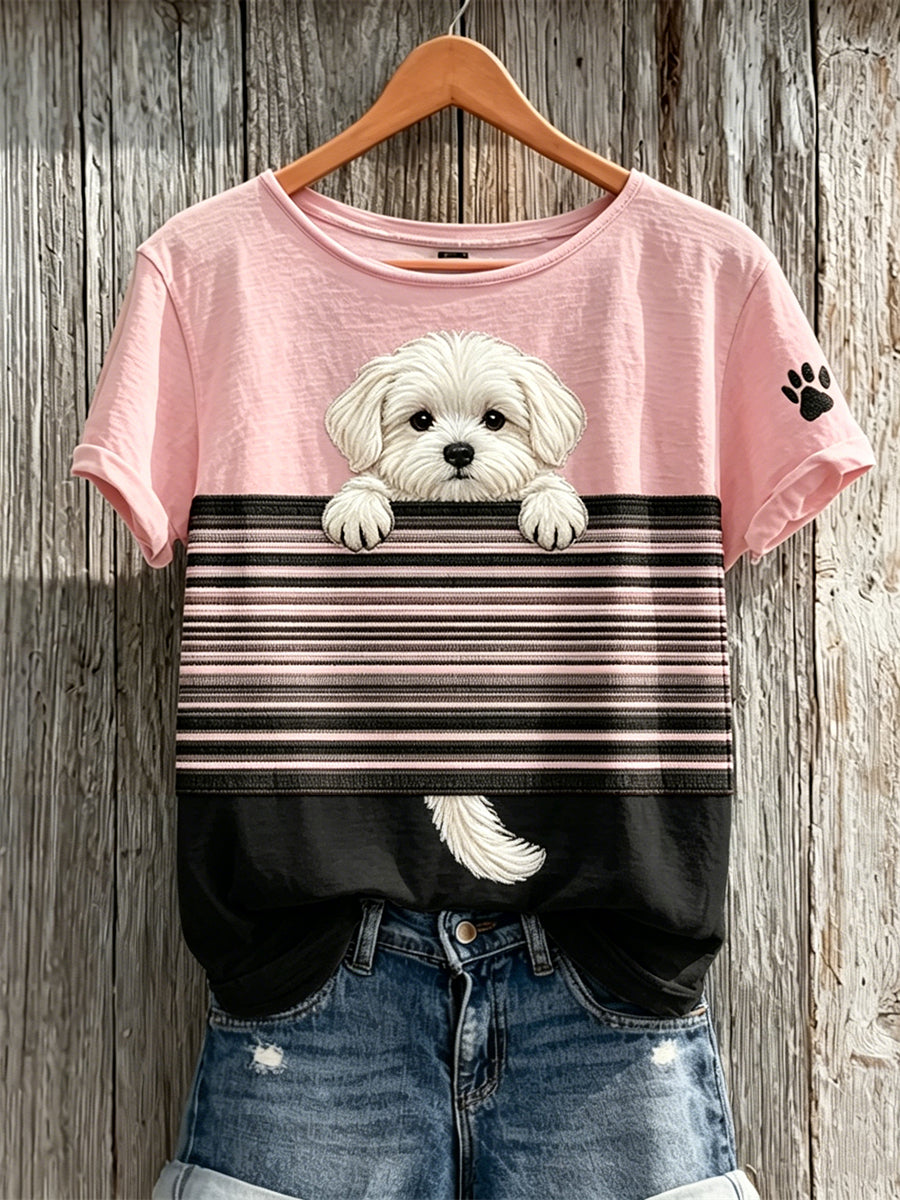 Peeking Maltese Dog Colorblock T-shirt Femme à manches courtes