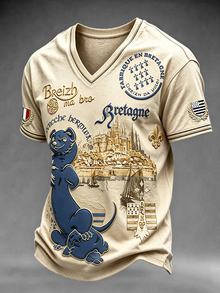 T-shirt décontracté pour homme, style vintage français de Bretagne, motif du Mont-Saint-Michel, col en V