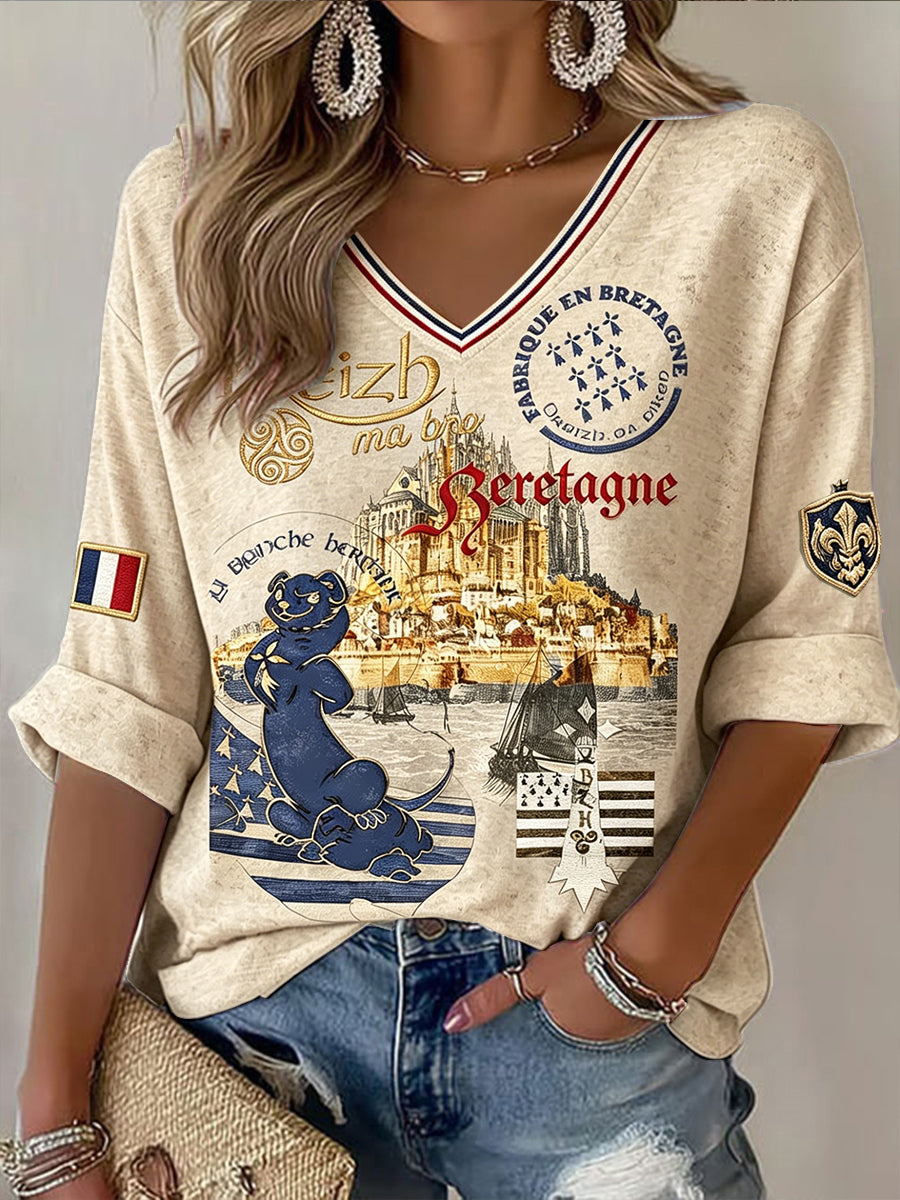 T-shirt décontracté à col en V pour femme, imprimé vintage de la Bretagne française et du Mont-Saint-Michel