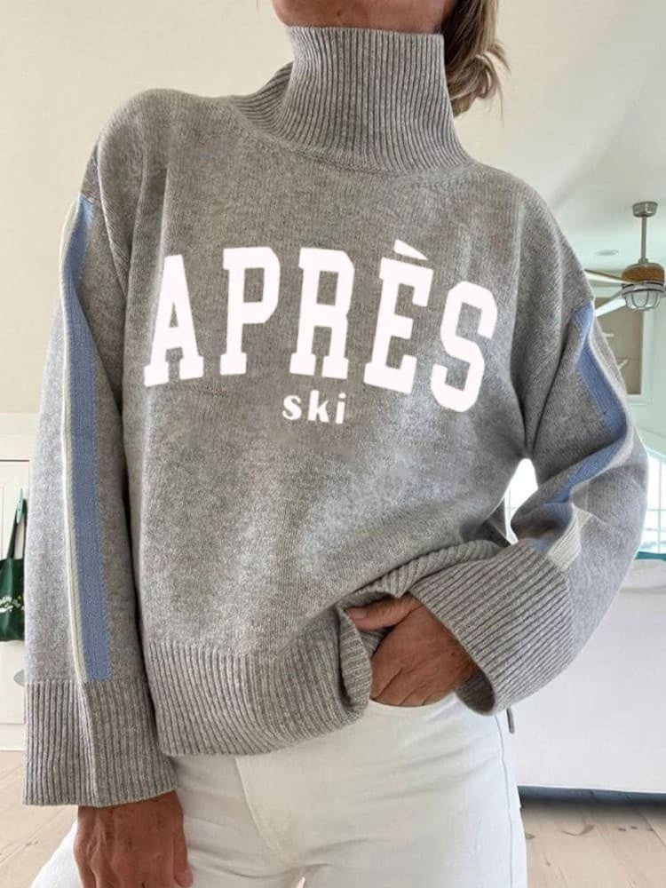 Retro Ski Club Print Knit Turtleneck Pullover Sweater Grey / S Pull women