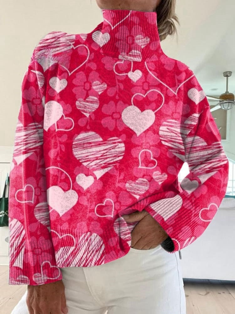 Valentine’s Day Vintage Love Art Print Knit Turtleneck Pullover Sweater Multicolor / S Pull women