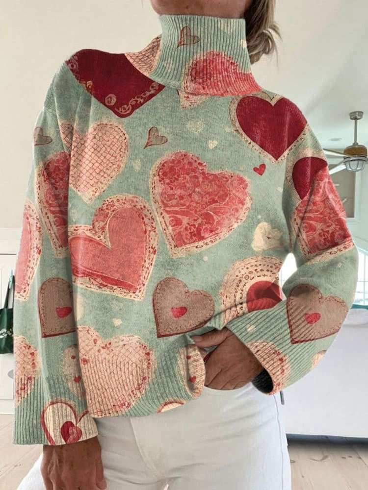 Valentine’s Day Vintage Love Art Print Knit Turtleneck Pullover Sweater Multicolor / S Pull women