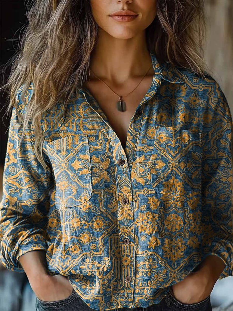 Chemise à revers à manches longues pour femmes Vintage romantique géométrique Floral Casual Art Print coloré / S