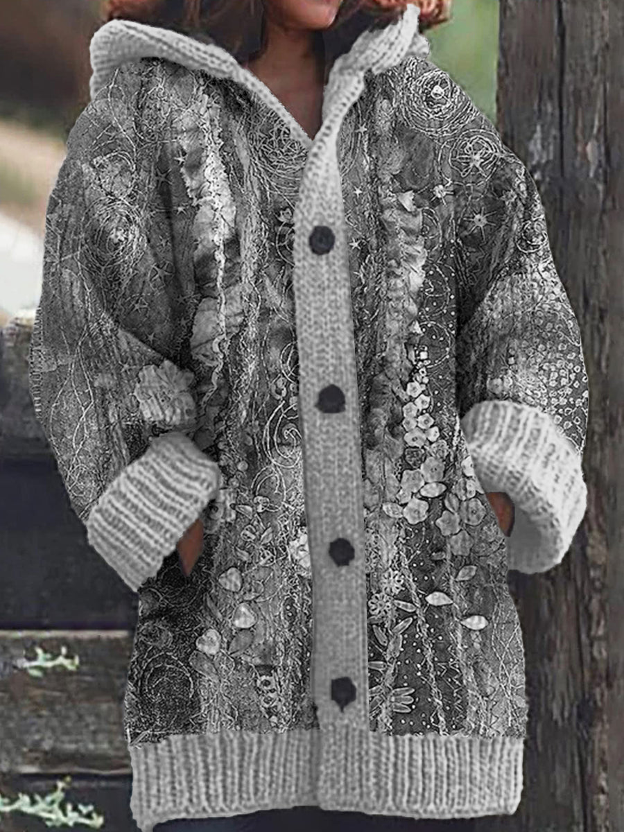 Cardigan à capuche en tricot décontracté à motif floral pour femmes Gris / 5XL Veste
