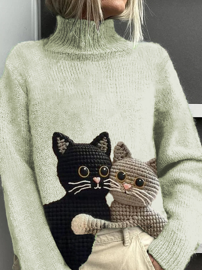 Pull décontracté chaud à col roulé motif chat pour femmes vert / S Veste