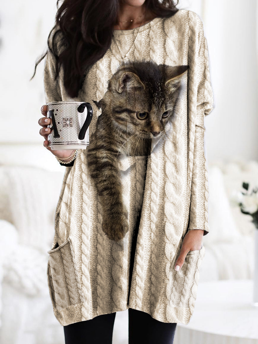 Femme Chat Tricoté Texture Imprimer À La Mode Col Rond Pull Poche À Manches Longues Sweatshirt kaki / S T-shirt