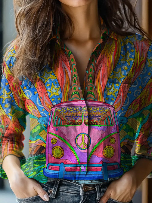Chemise Décontractée Rétro à Manches Longues à Imprimé Voiture de Paix comme image / S Chemises