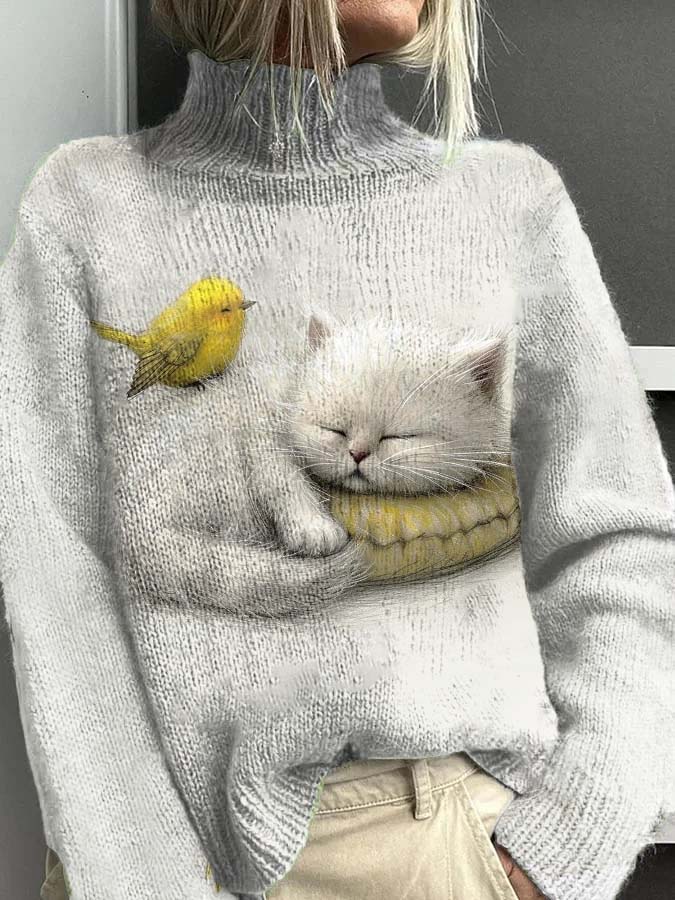 Pull à col roulé décontracté chaud motif oiseau chat mignon femme Blanc / S Pull