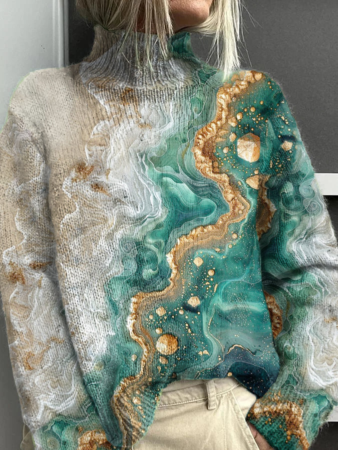 Pull à col roulé décontracté et chaud à motif de vagues pour femmes Vert / S Pull