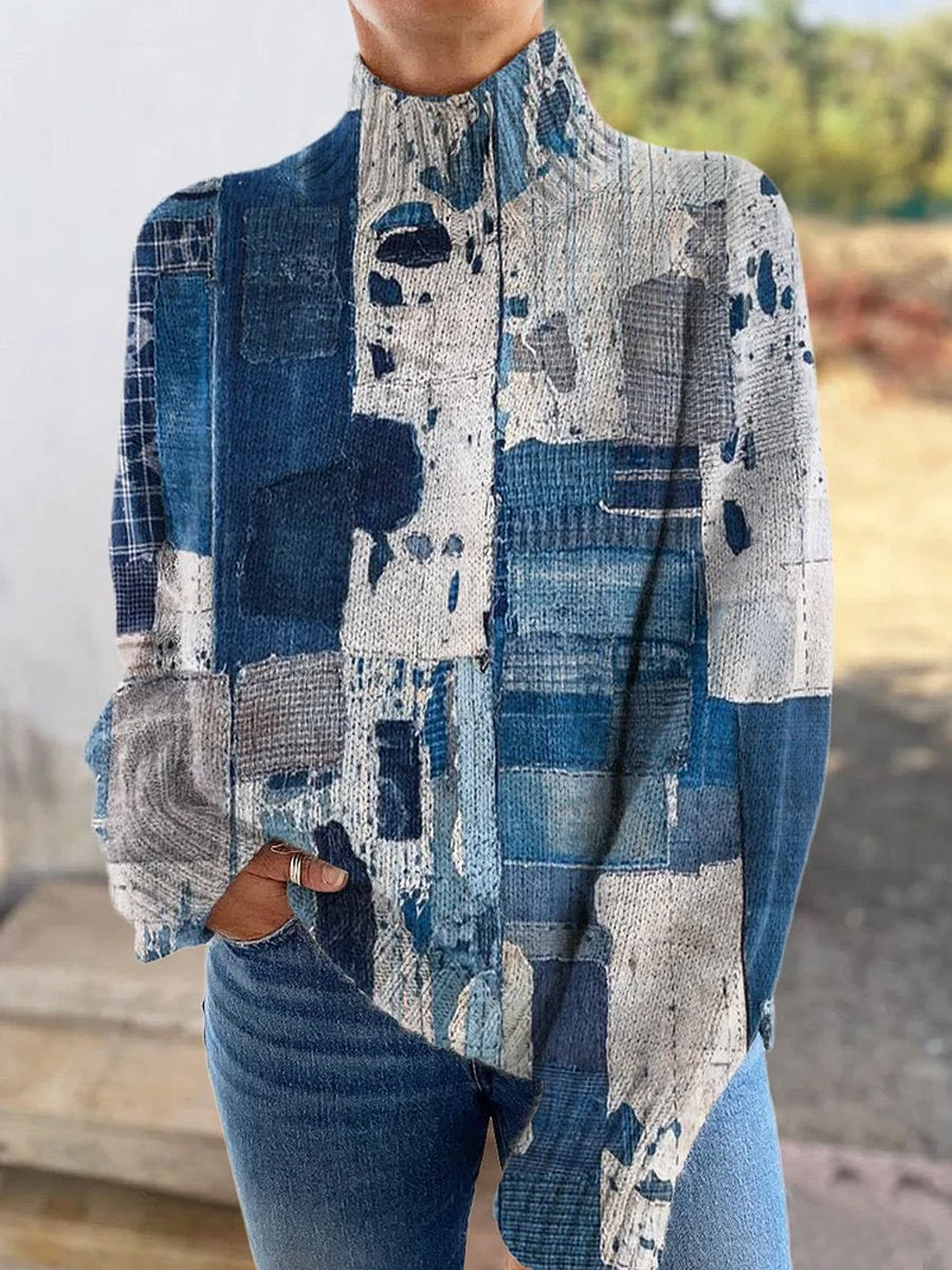 Pull à manches longues à col roulé à imprimé floral rétro pour femmes A / S Pull