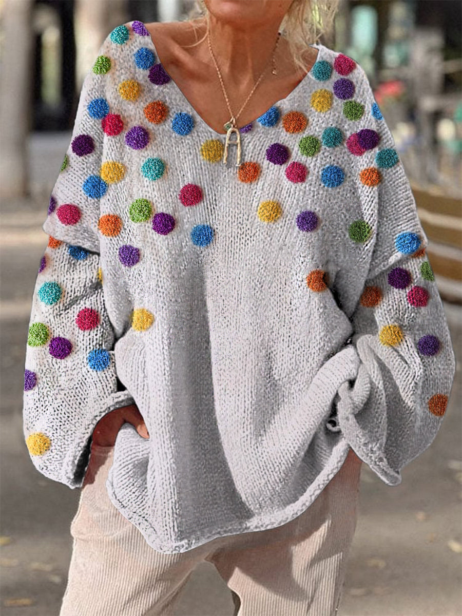 Retro Boho Dot Shape Imprimé Vintage Chic V-cou lâche à manches longues Pull en tricot épais A / S Pull