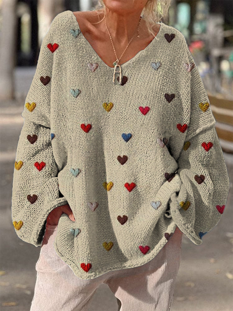 Rétro Boho en forme de coeur imprimé Vintage Chic col en V lâche manches longues pull en tricot épais A / S Pull