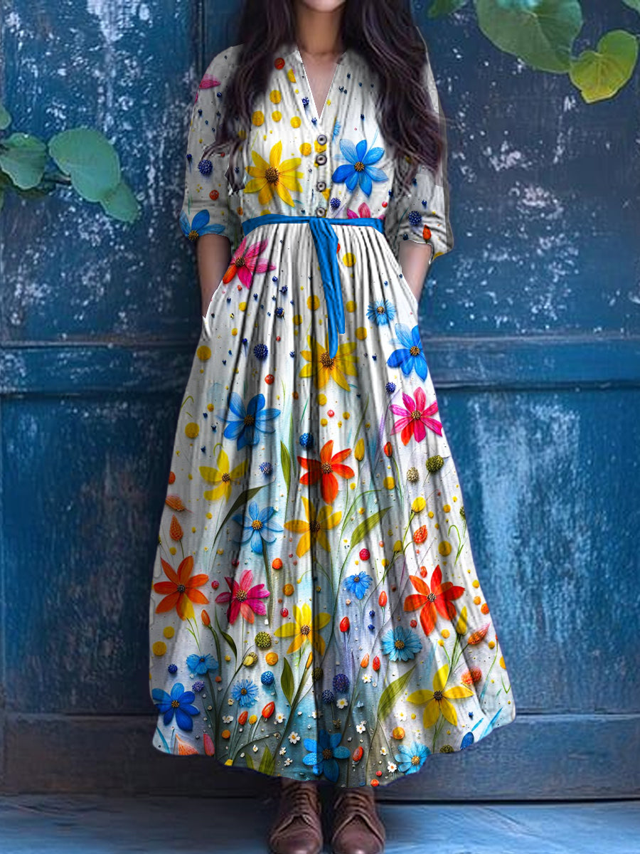 Vintage col en V bohème imprimé floral élégant Chic Loose Midi Dress A / S