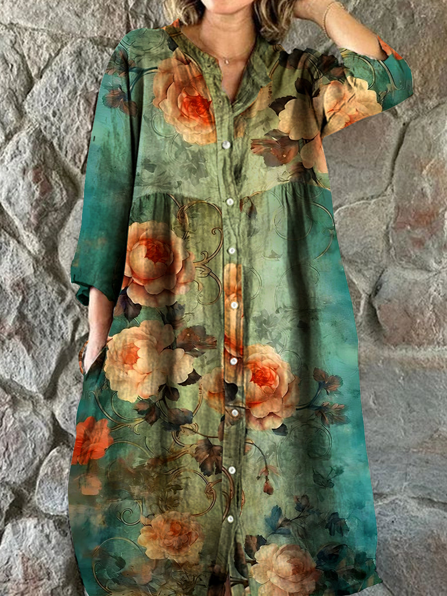 Vintage Bohème Floral Art Print Chic V cou trois quarts manches bouton robe élégante Midi A / S