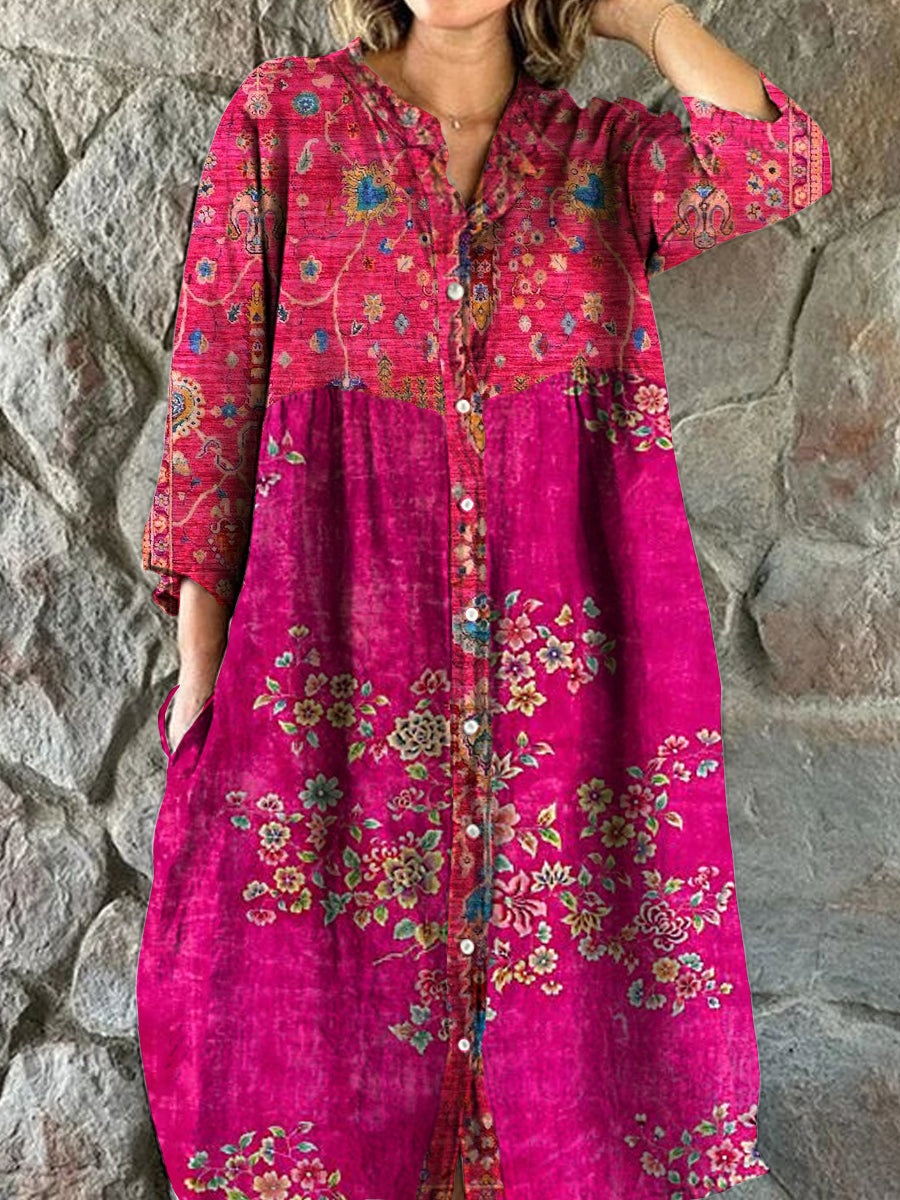 Vintage Bohème Floral Art Print Chic V cou trois quarts manches bouton robe élégante Midi A / S