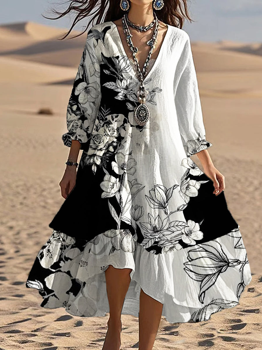 Vintage col en V bohème imprimé floral élégant Chic Loose Midi Dress A / S