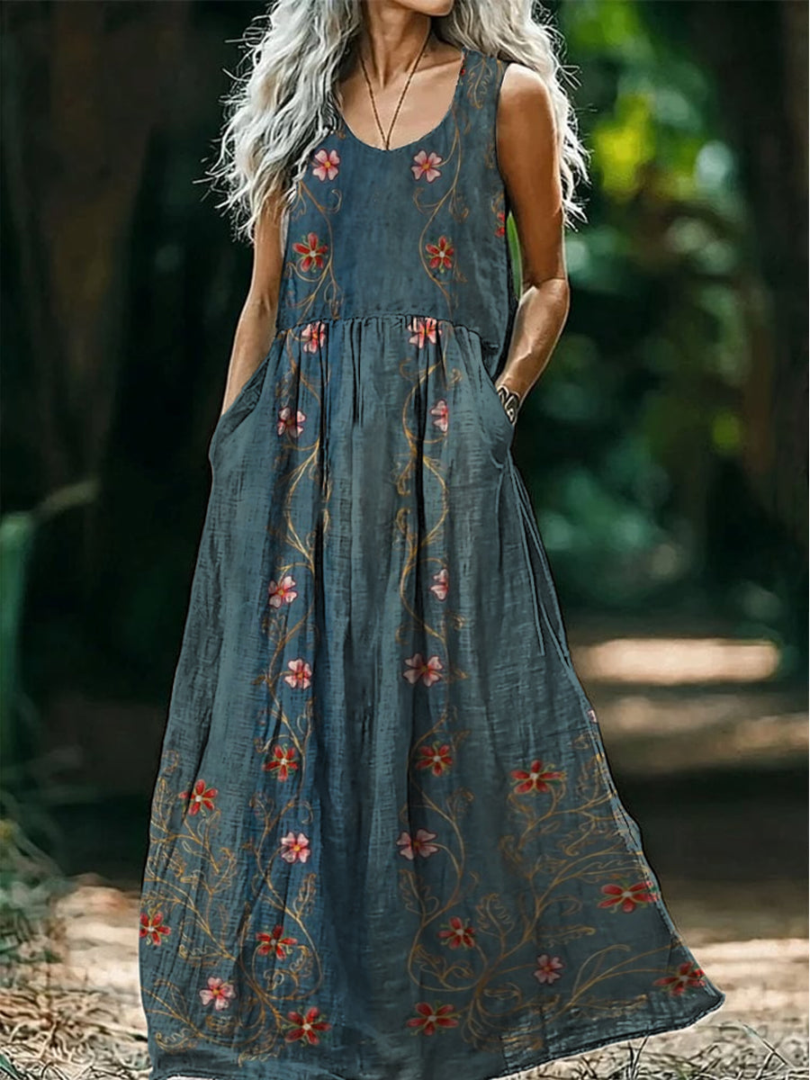 Rétro Boho Floral Art Imprimé Col Rond Sans Manches Coton Robes de Poche A / S
