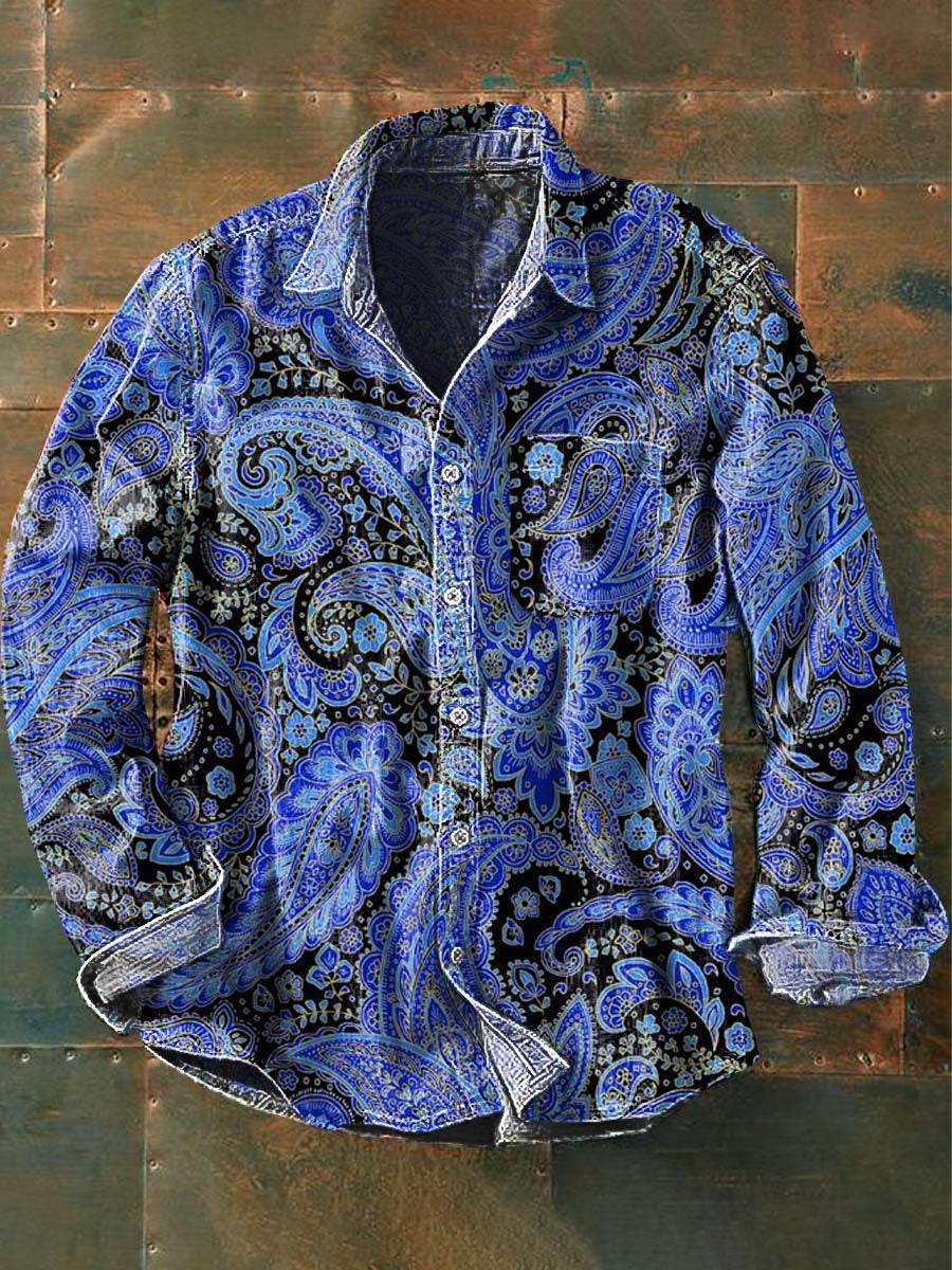 Chemise à manches longues à revers décontractée à imprimé de fleurs de cajou pour hommes comme image / S