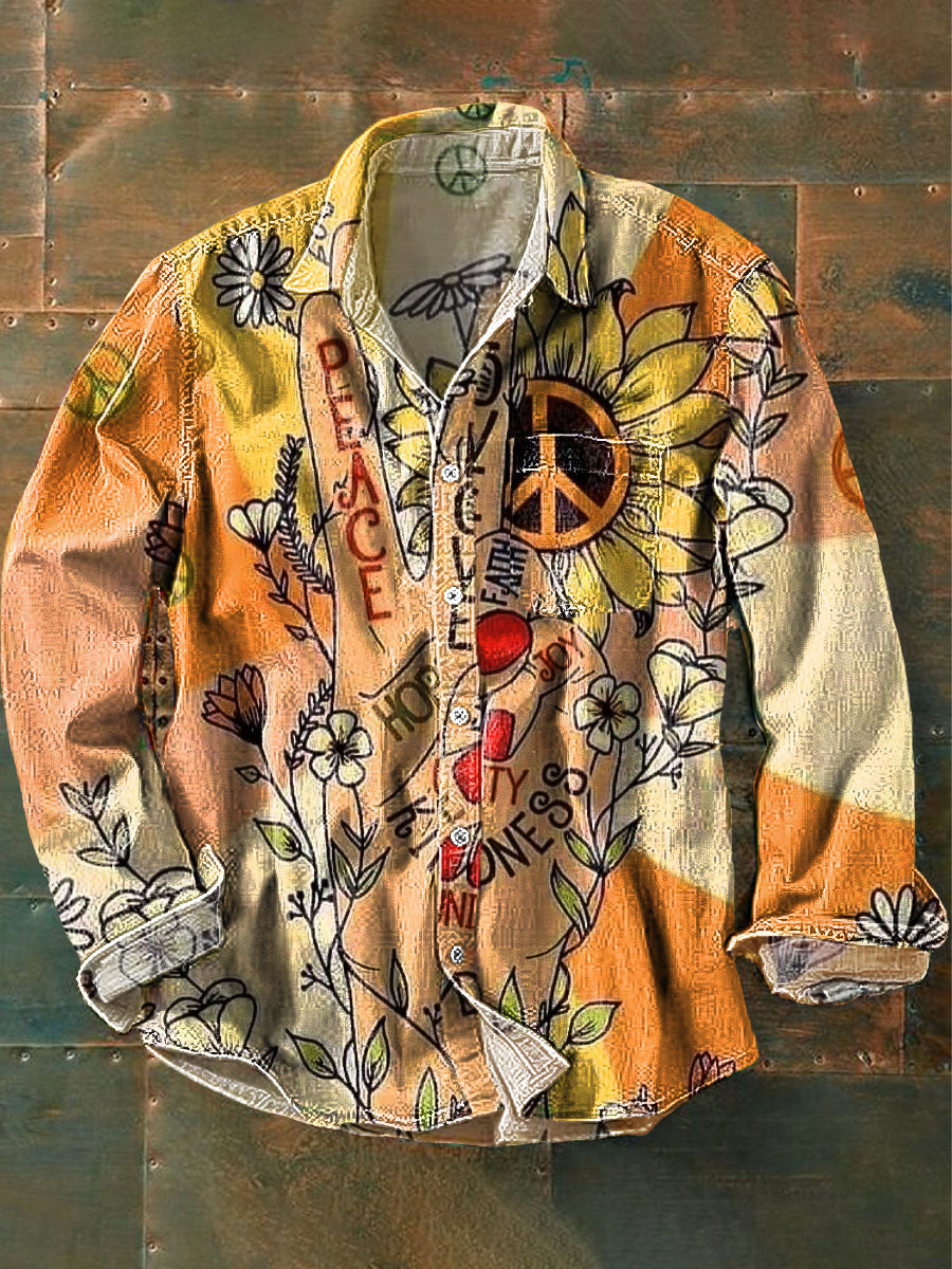 Unisexe Vintage Peace and Love Daisy Art Print Chemise à manches longues en coton à revers coloré / S