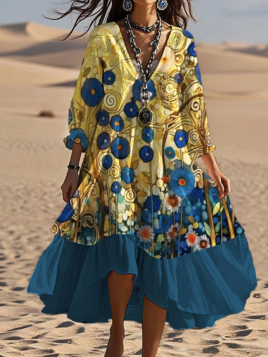 Vintage bohème en forme de V Floral Art Print Casual mode élégante Double robe A / S
