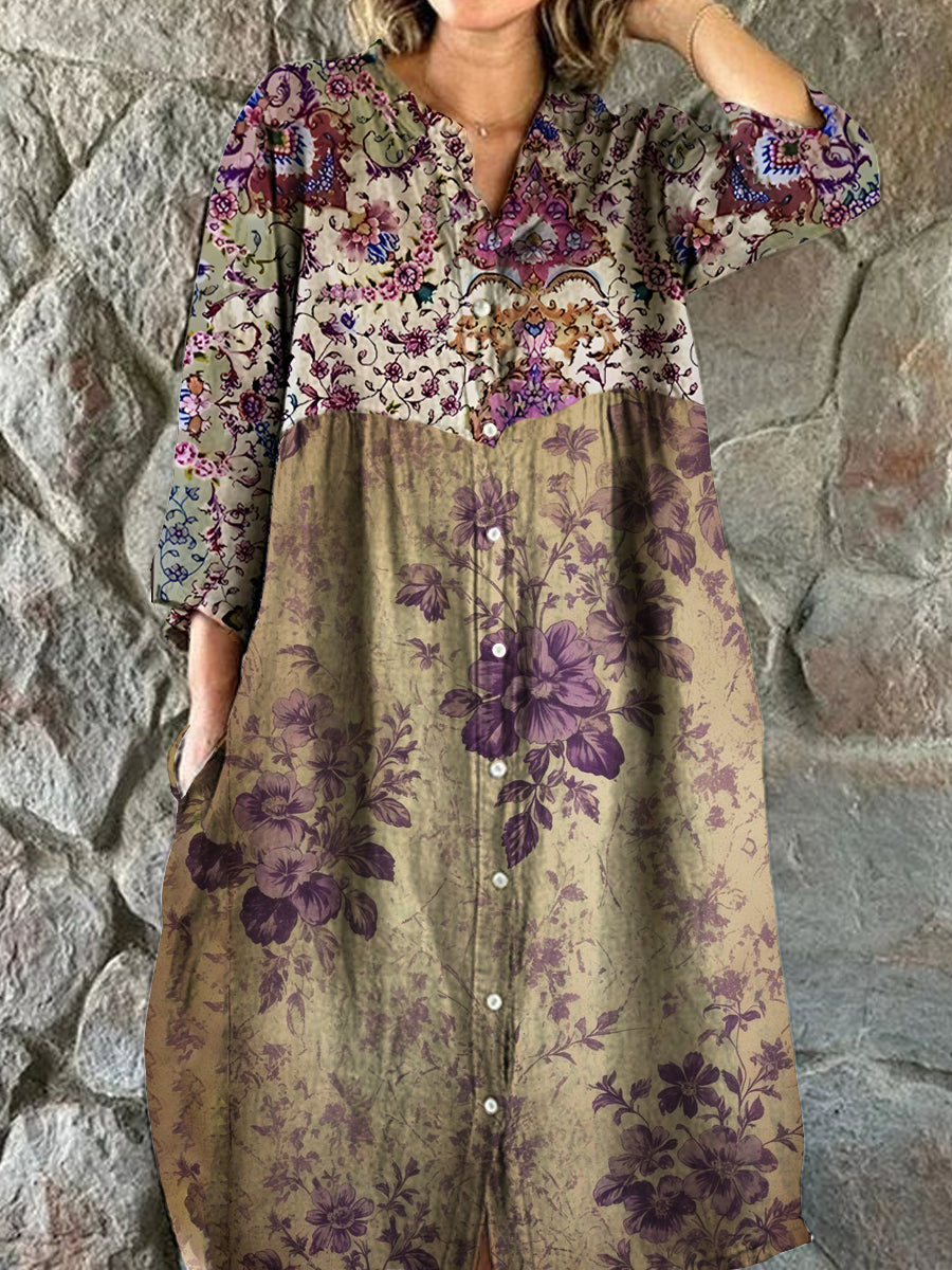 Vintage Bohème Floral Art Print Chic V cou trois quarts manches bouton robe élégante Midi A / S