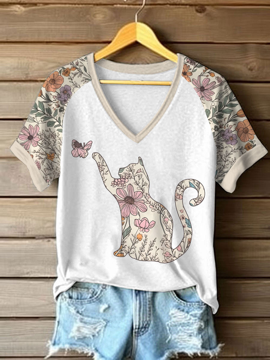 T-shirt décontracté imprimé chat fleurs sauvages pour femmes