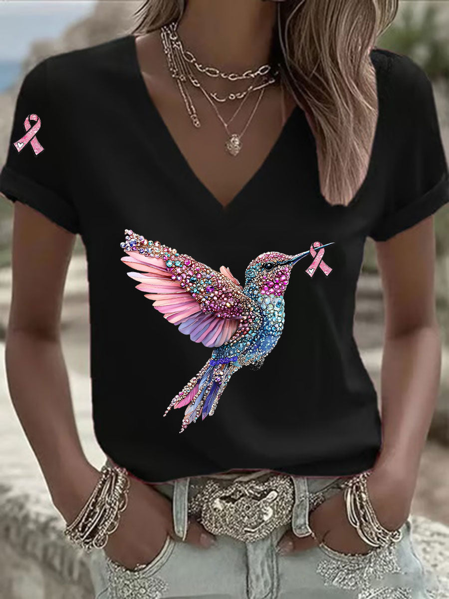 T-shirt décontracté à col en V à imprimé ruban rose pour femmes