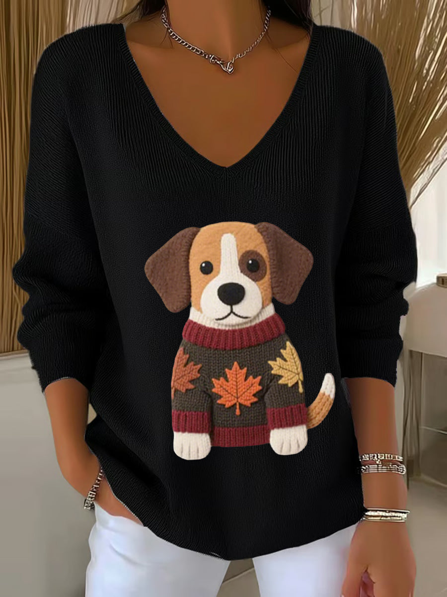 Femmes Automne Chien Art Imprimer V-Neck Haut côtelé