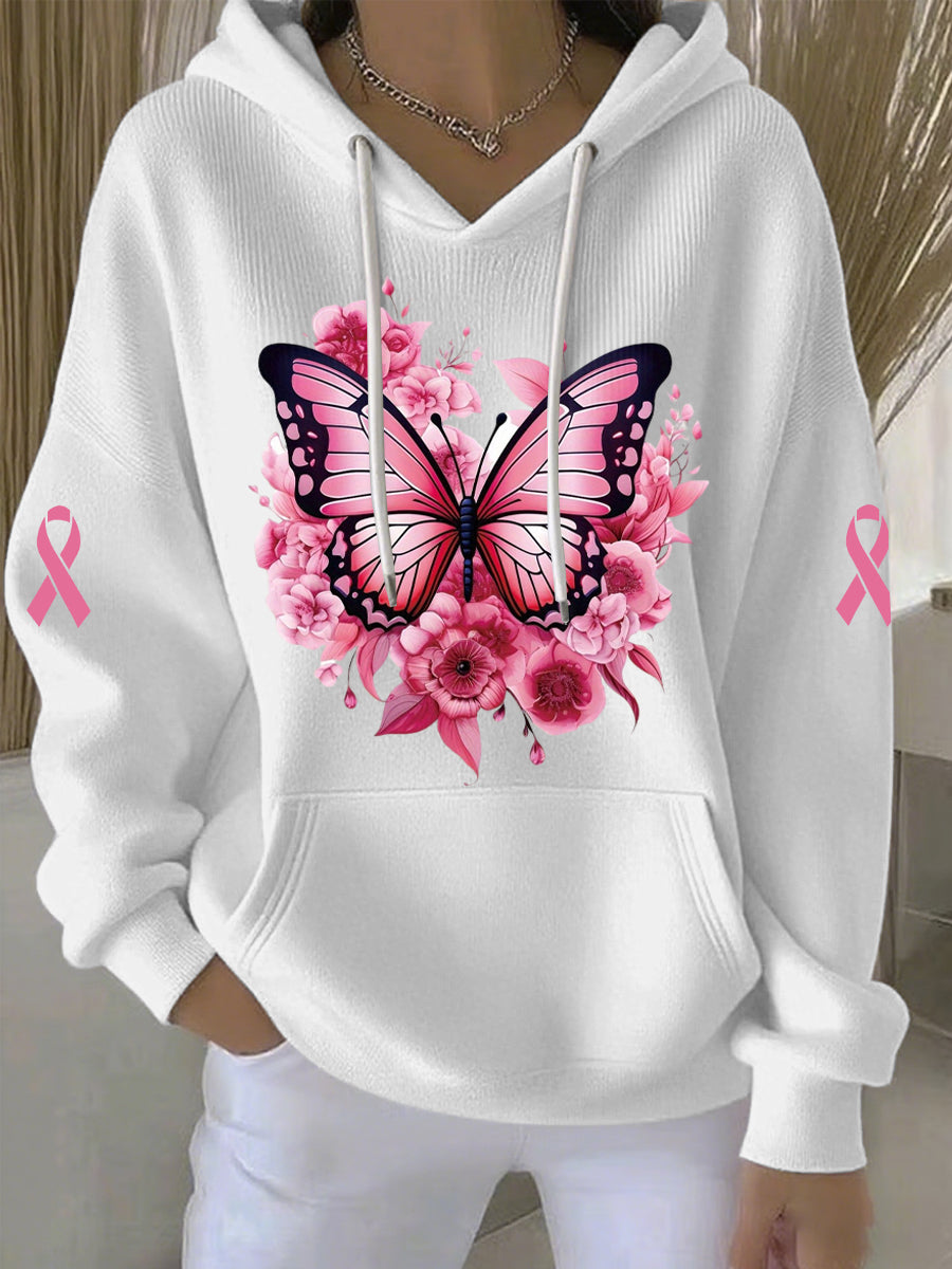 Sweat à Capuche Décontracté Femme Rose Cancer Du Sein Imprimé