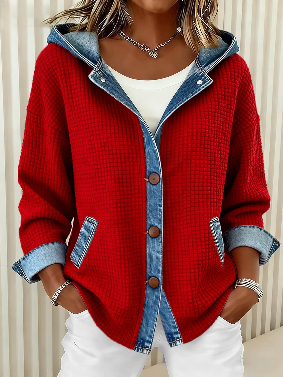 La mode des femmes Patchwork Design Waffle Cardigan à capuche
