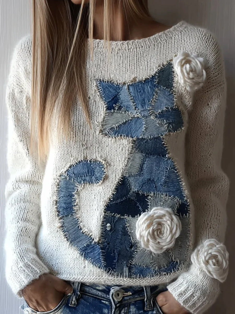 Pull décontracté confortable rétro imprimé Art animal pour femmes