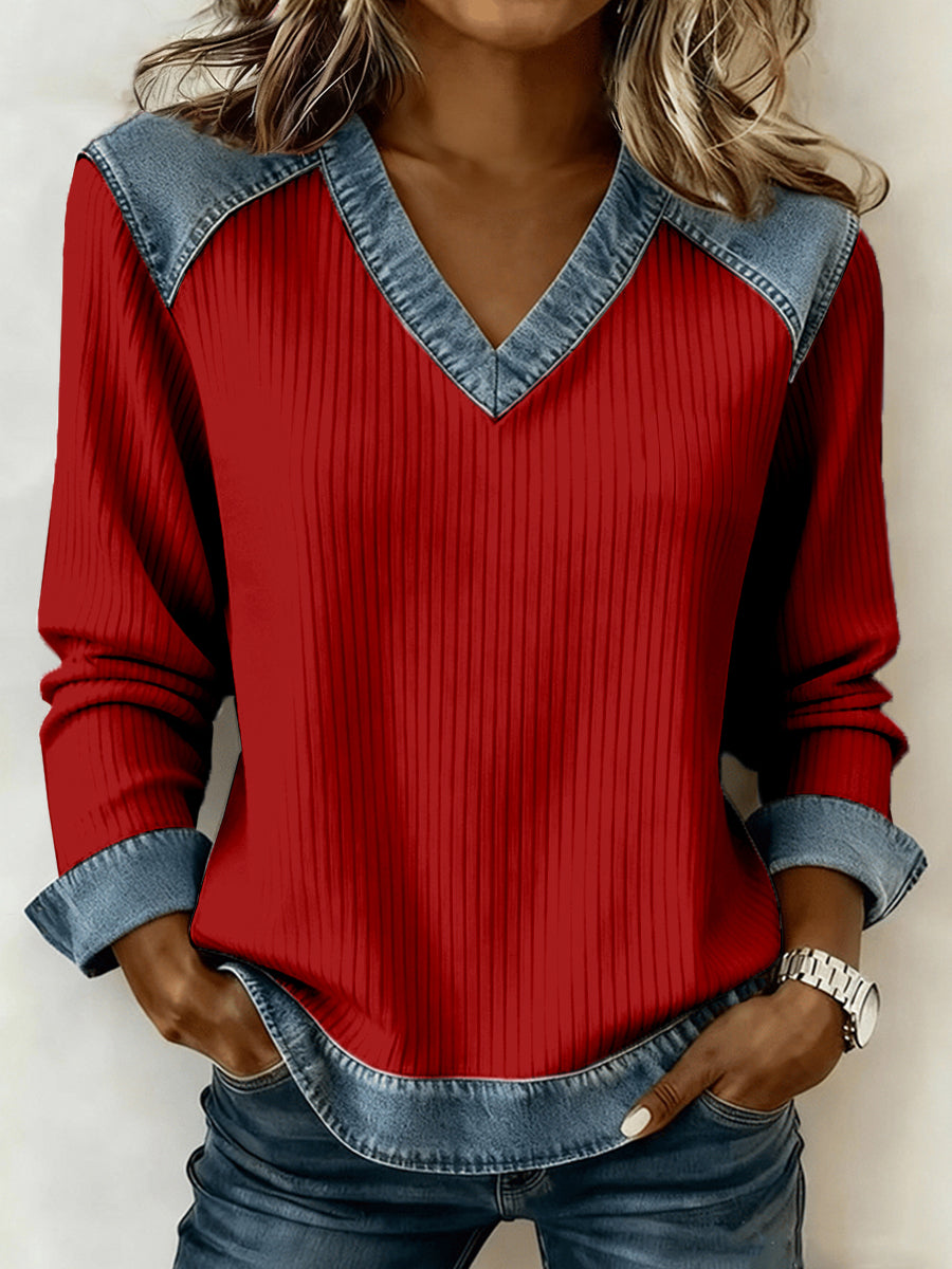 Motif de Noël des femmes Patchwork Art V-Neck Top