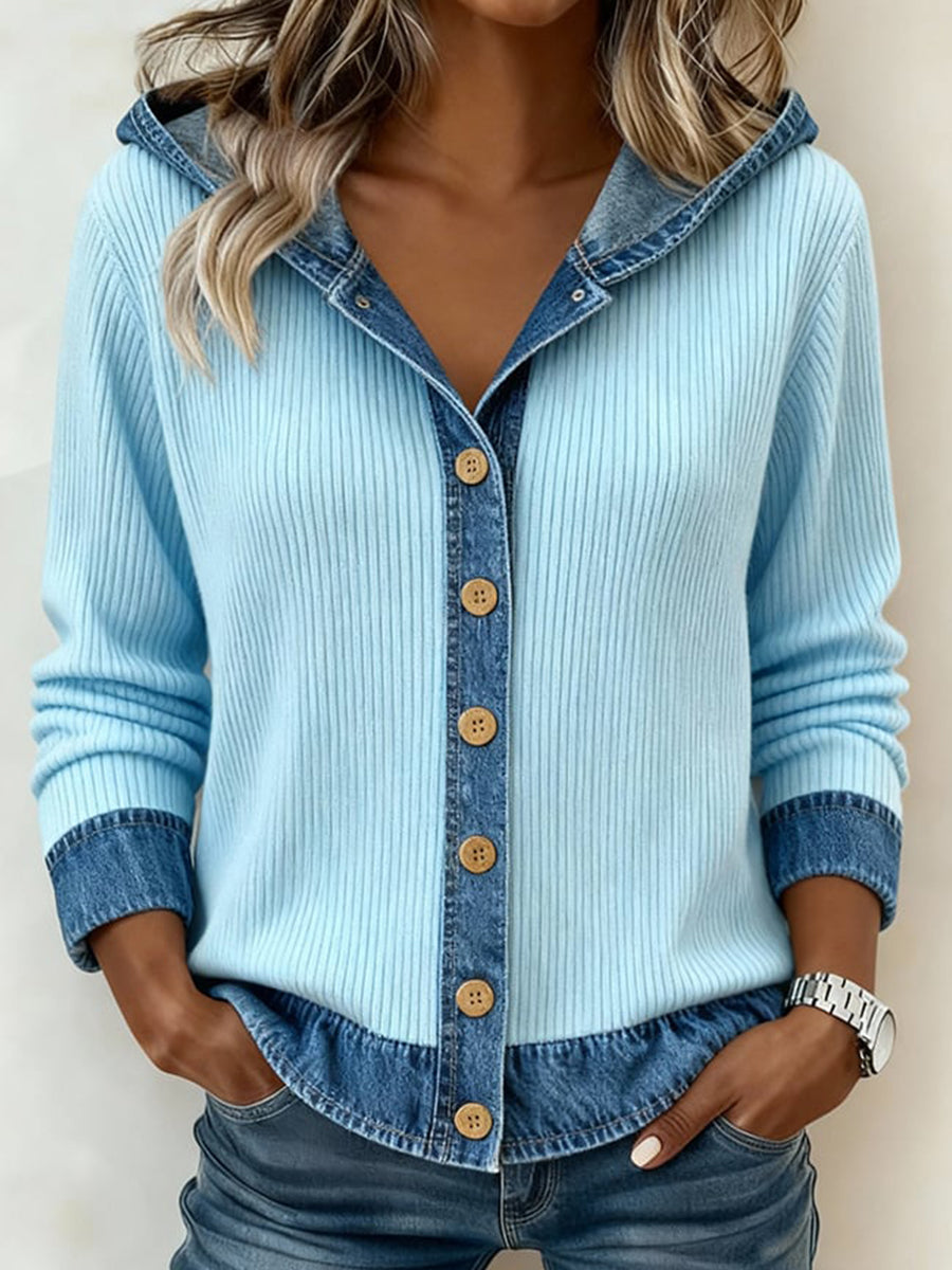 Cardigan à capuche simple couleur unie patchwork design pour femmes