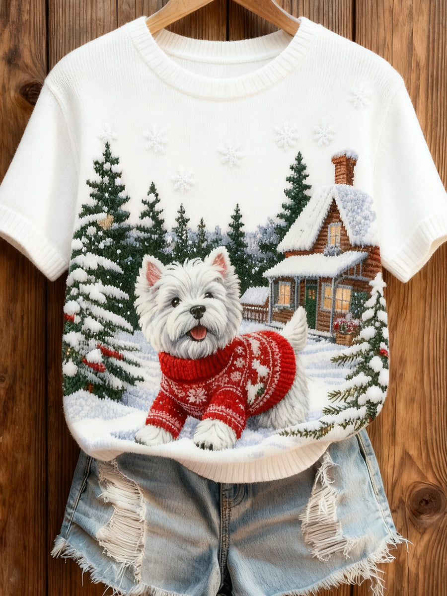 Femmes Rétro Noël Animal Art Imprimé Confortable Tricot À Manches Courtes Haut