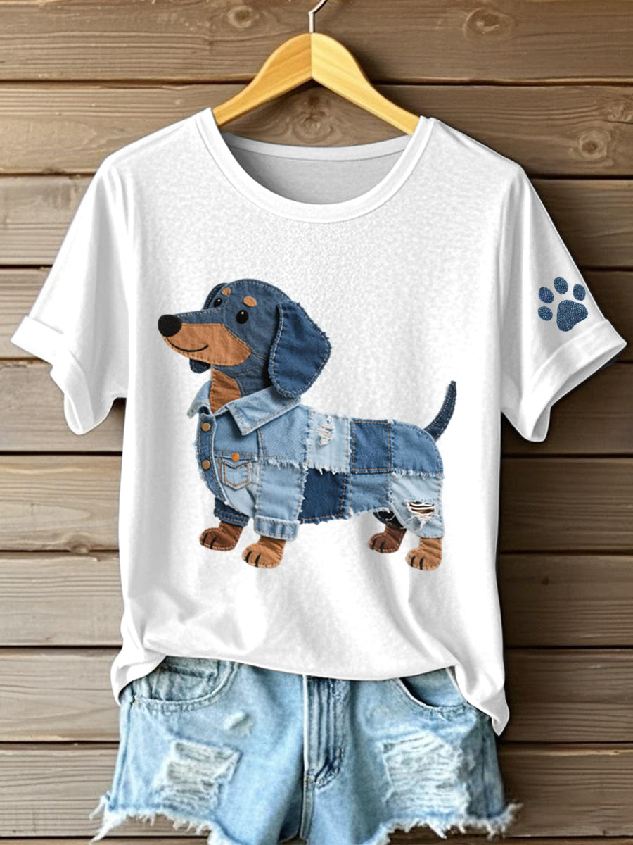 Denim Patchwork Art Teckel T-shirt pour femmes