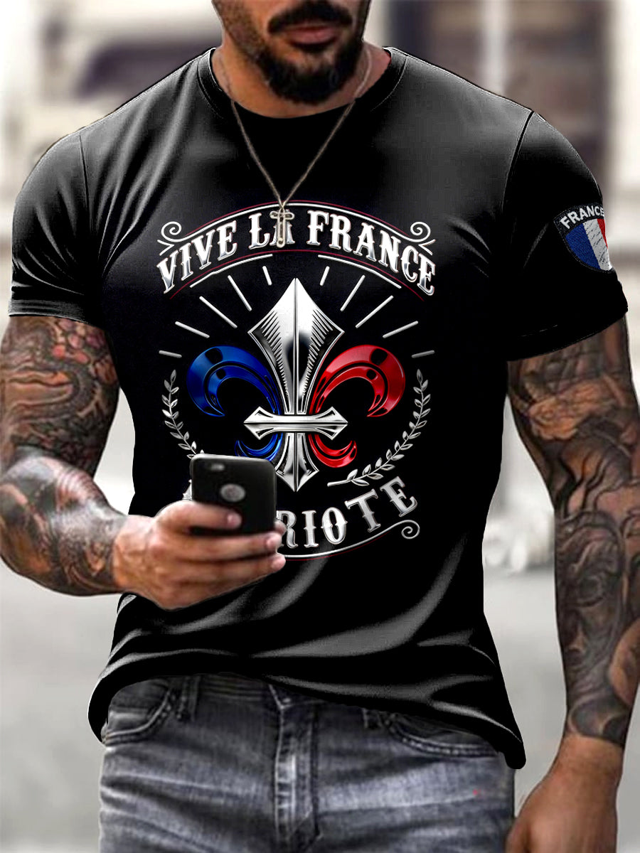 T-shirt à manches courtes pour homme décontracté noir imprimé drapeau français