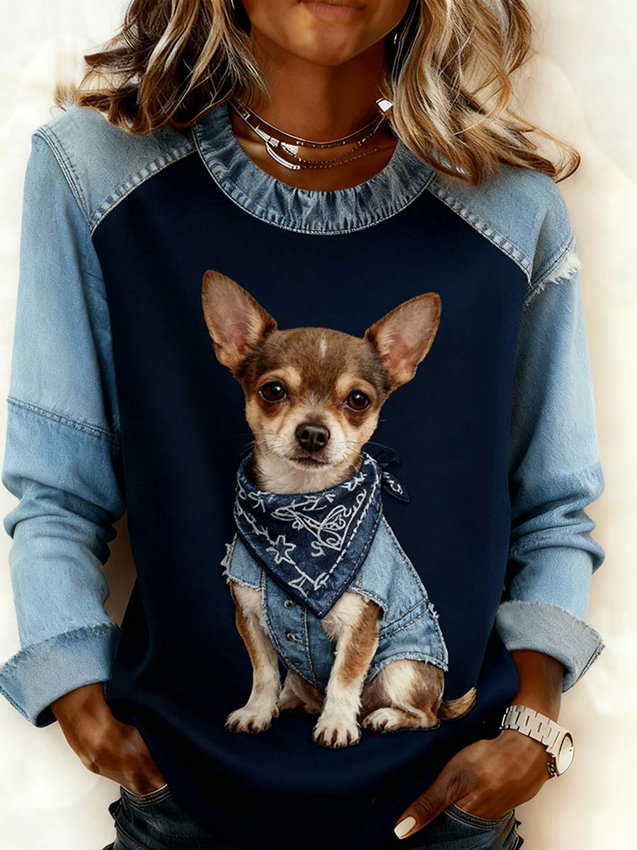 Retro Animal Art Print confortable Denim Patchwork Sweatshirt pour femmes