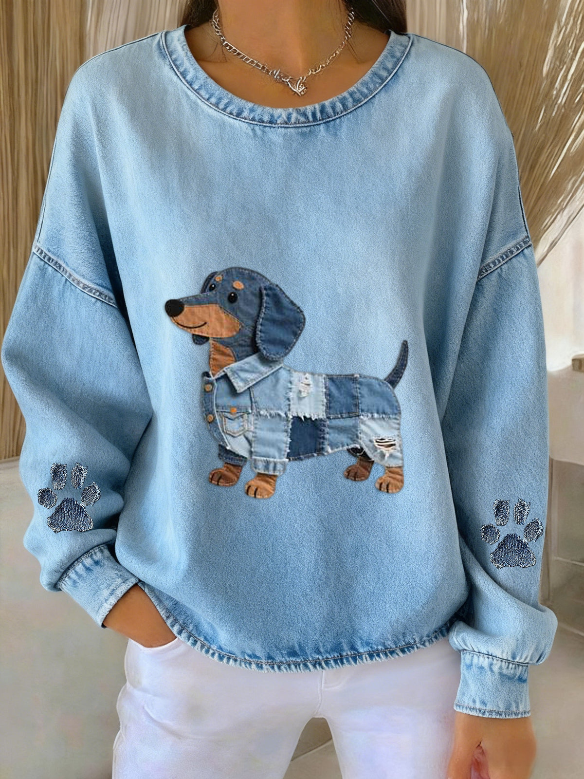Sweat à capuche imprimé teckel à poil court Patchwork en denim rétro pour femme