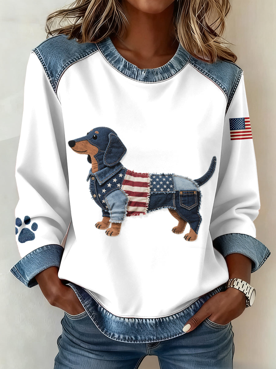 Modèle de chien teckel inspiré du drapeau américain des femmes Denim Patchwork Sweatshirt