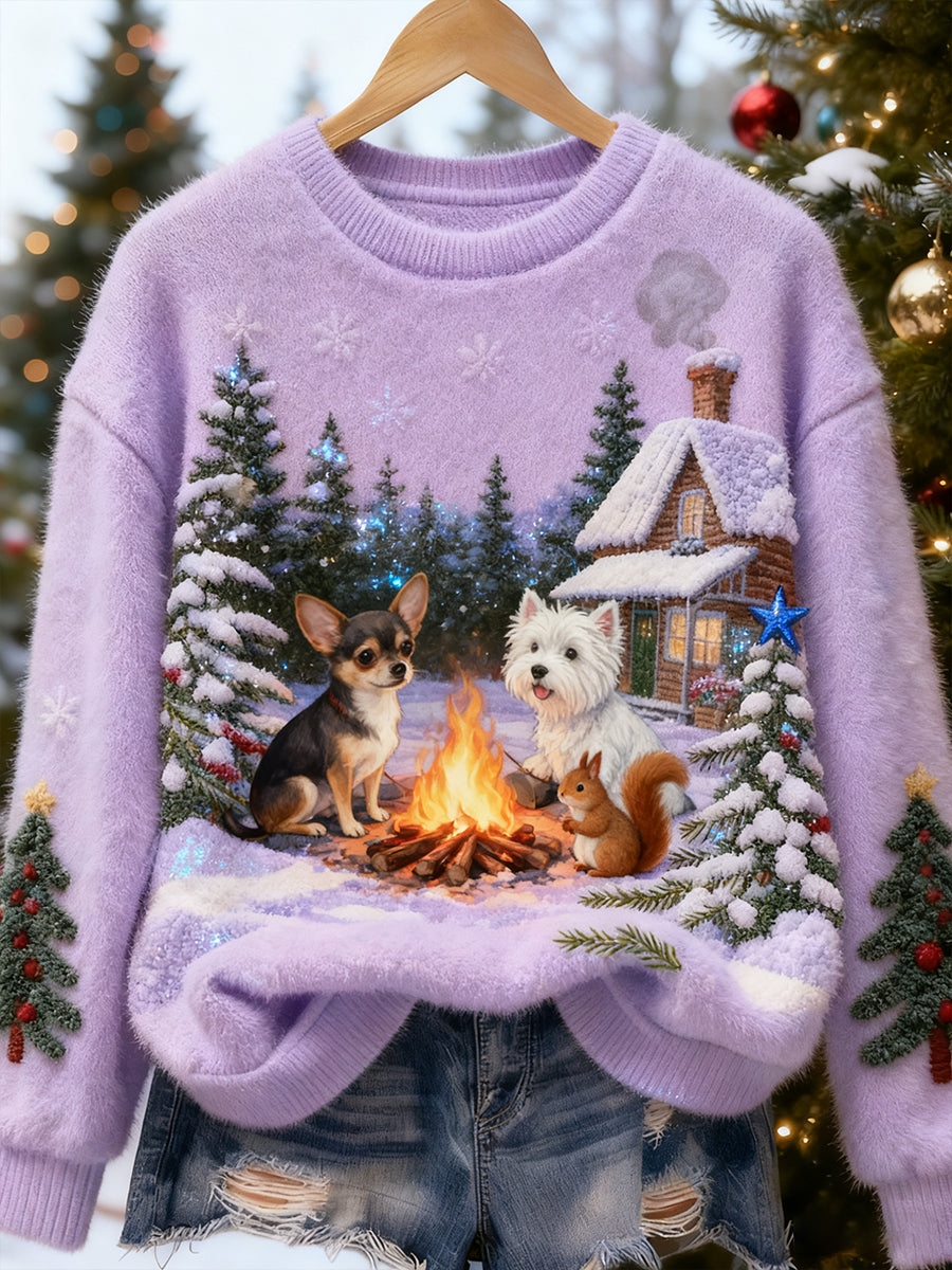 Top Décontracté en Flanelle Imprimé Art de Noël Animal Rétro Femme