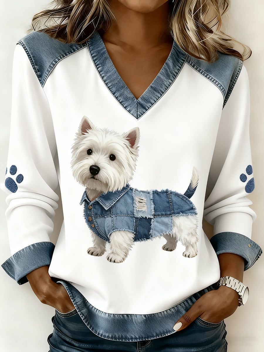 Femmes Rétro V-cou Denim Patchwork Animal Print Casual Confort Top