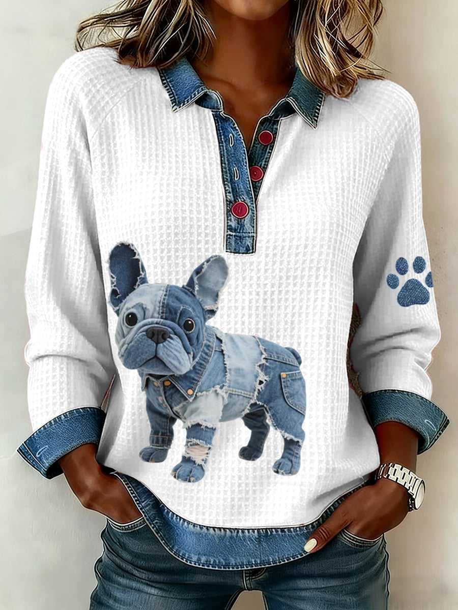 Femmes Denim Patchwork Art Français Bulldog Motif Gaufre Top