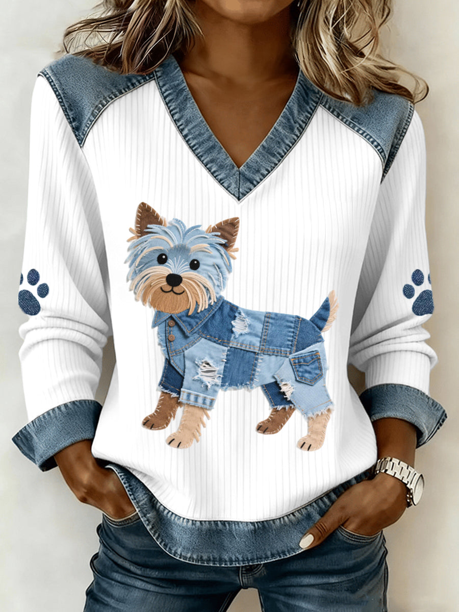 Femmes Lovely Yorkshire Terrier Chien Motif Denim Patchwork V-Neck Top