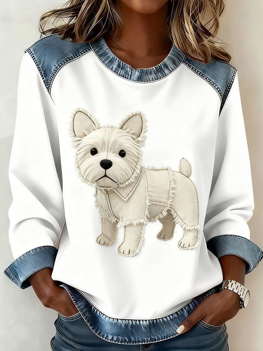Retro Animal Art Print confortable Denim Patchwork Sweatshirt pour femmes